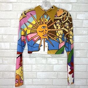 Elsie Fred Graphic Button Crop Top Women XXS Indie Retro Y2K Dopamine Celestial‎